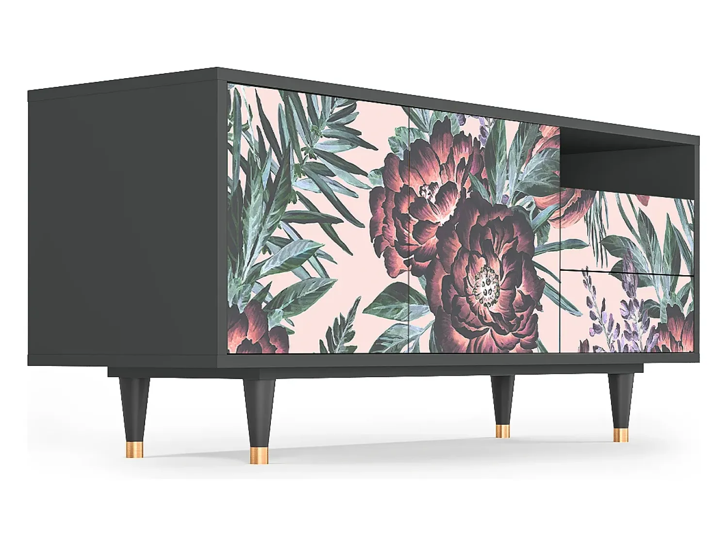 Móvel De Tv| Mueble de TV - 125х56х41 cm - T7 - Peach Peonies, Antracite Cinza antracite