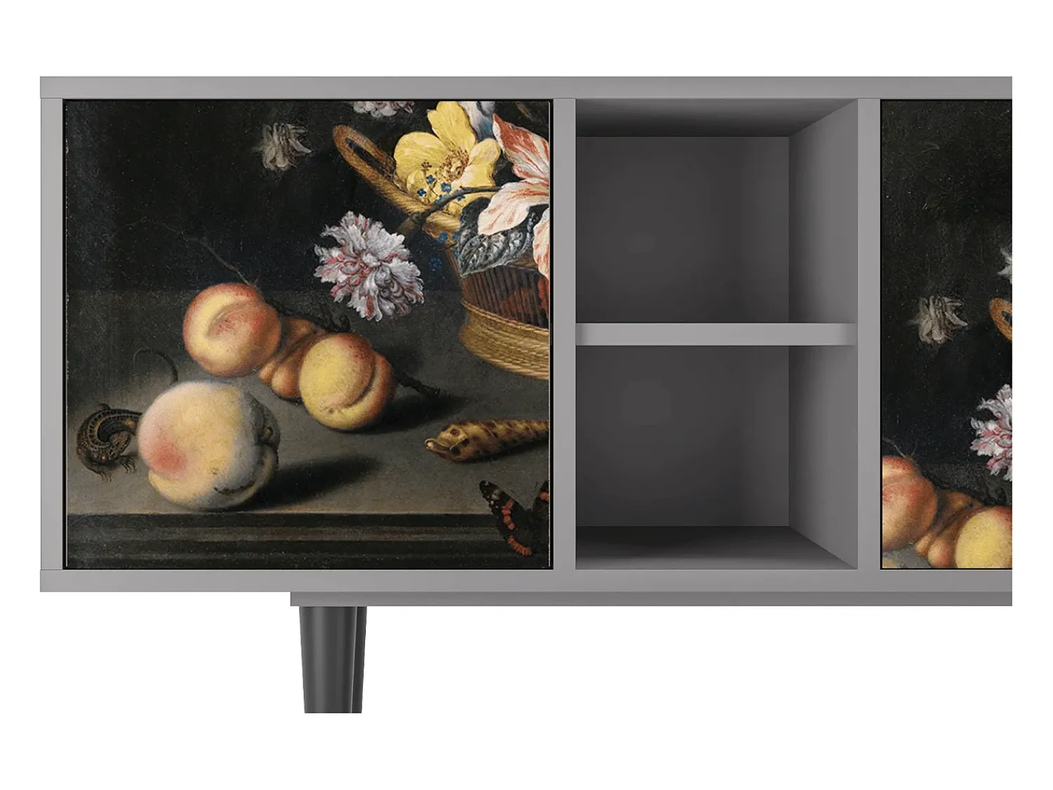 Móvel De Tv| Mueble de TV - 150х69х41 cm - T5 - Still Life with Flowers, Cinza Cinzento