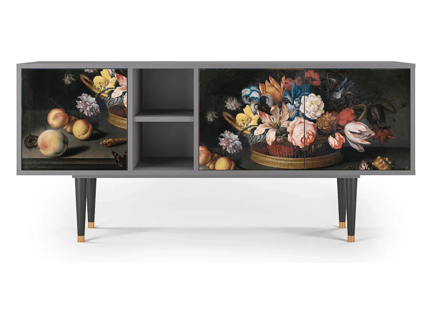 Móvel De Tv| Mueble de TV - 150х69х41 cm - T5 - Still Life with Flowers, Cinza Cinzento