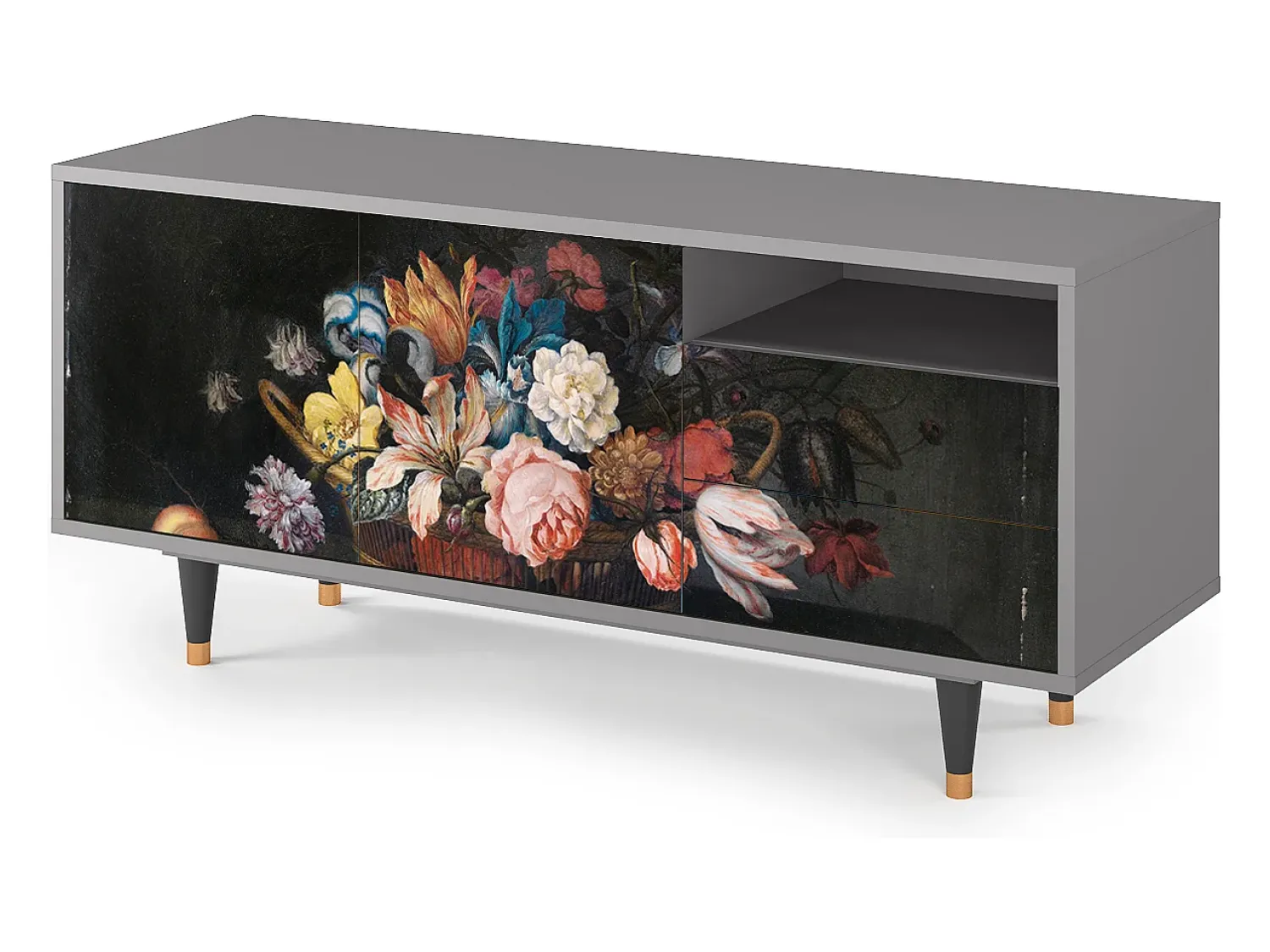 Móvel De Tv| Mueble de TV - 125х56х41 cm - T7 - Still Life with Flowers, Cinza Cinzento