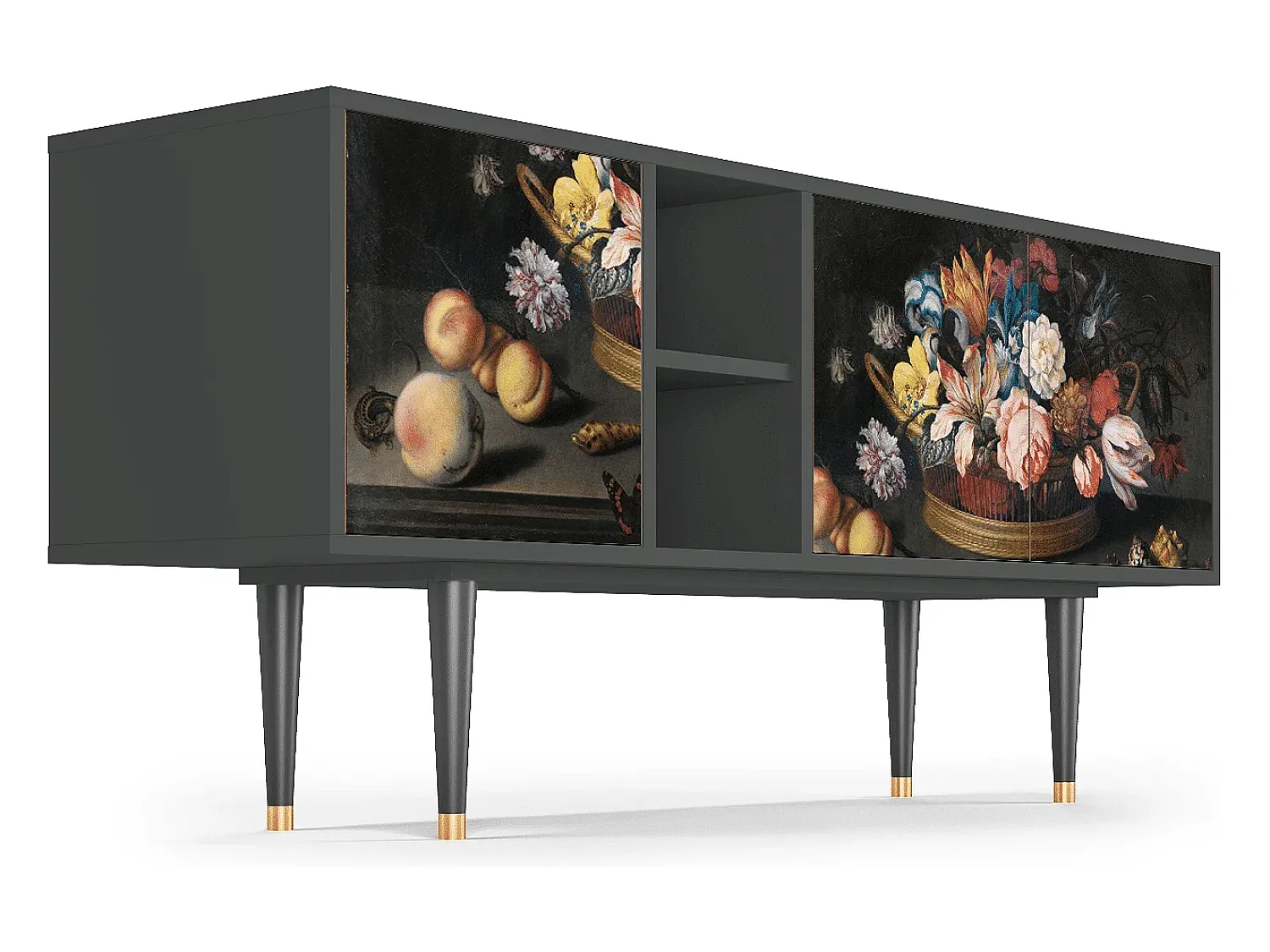 Móvel De Tv* Mueble de TV - 150х69х41 cm - T5 - Still Life with Flowers, Antracite Cinza antracite