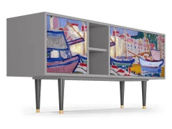 New Mueble de TV - 150х69х41 cm - T5 - The Port of Collioure , Cinza Cinzento