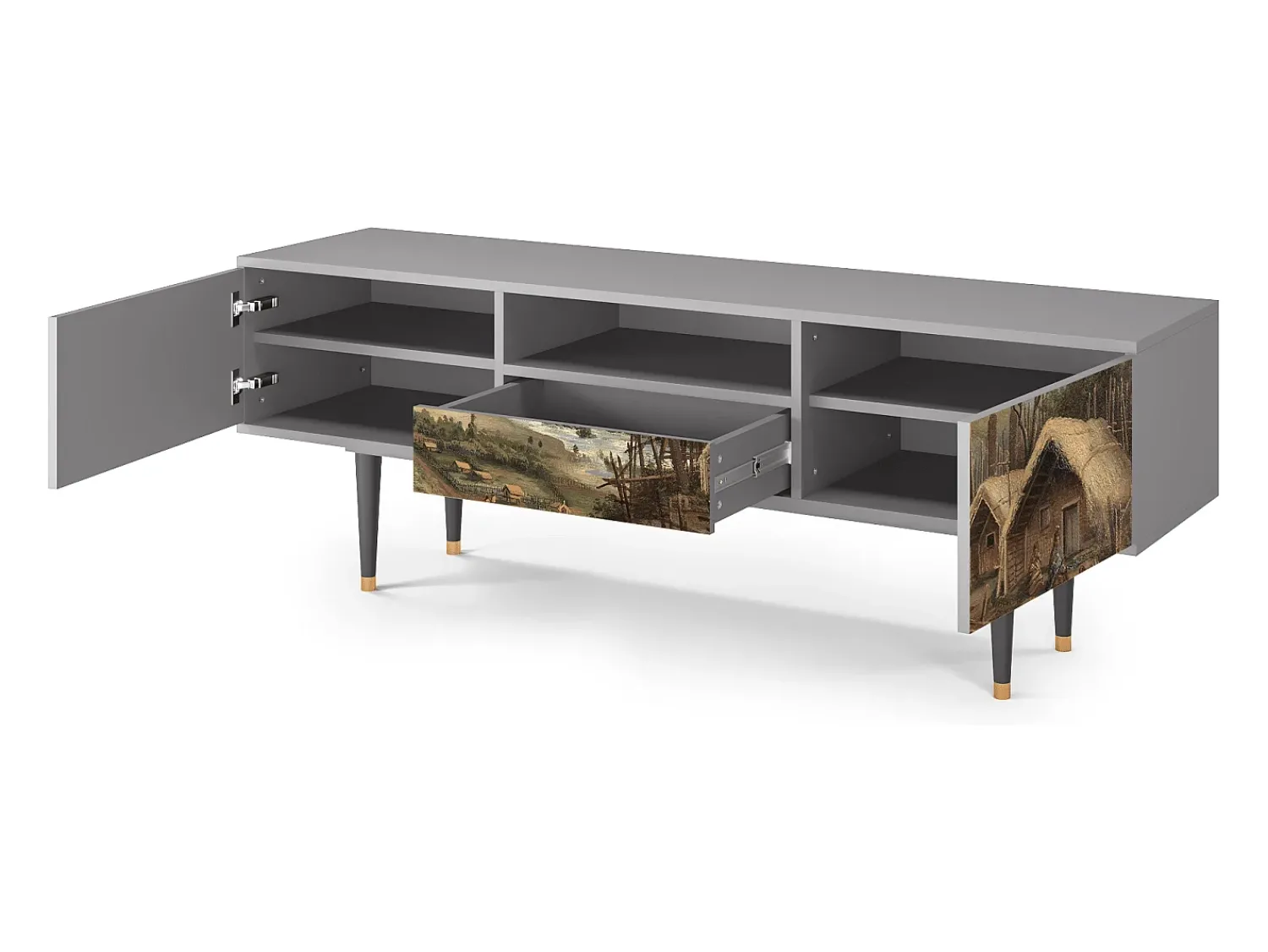 Móvel De Tv* Mueble de TV - 170х59х41 cm - T6 - View Across the Plains , Cinza Cinzento