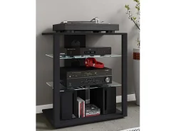 VCM Móveis de madeira Hifi | Armário de rack Prateleira Phono | 2 Pavimentos de vidro | Dimensões: A. 70 x L. 60 x P. 41 cm | Phono Mediaregal - Folas (Preto)^ Móvel De Tv