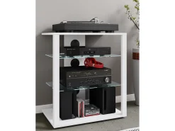 Móvel De Tv*VCM Móveis de madeira Hifi | Armário de rack Prateleira Phono | 2 Pavimentos de vidro | Dimensões: A. 70 x L. 60 x P. 41 cm | Phono Mediaregal - Folas (Branco) Multicor