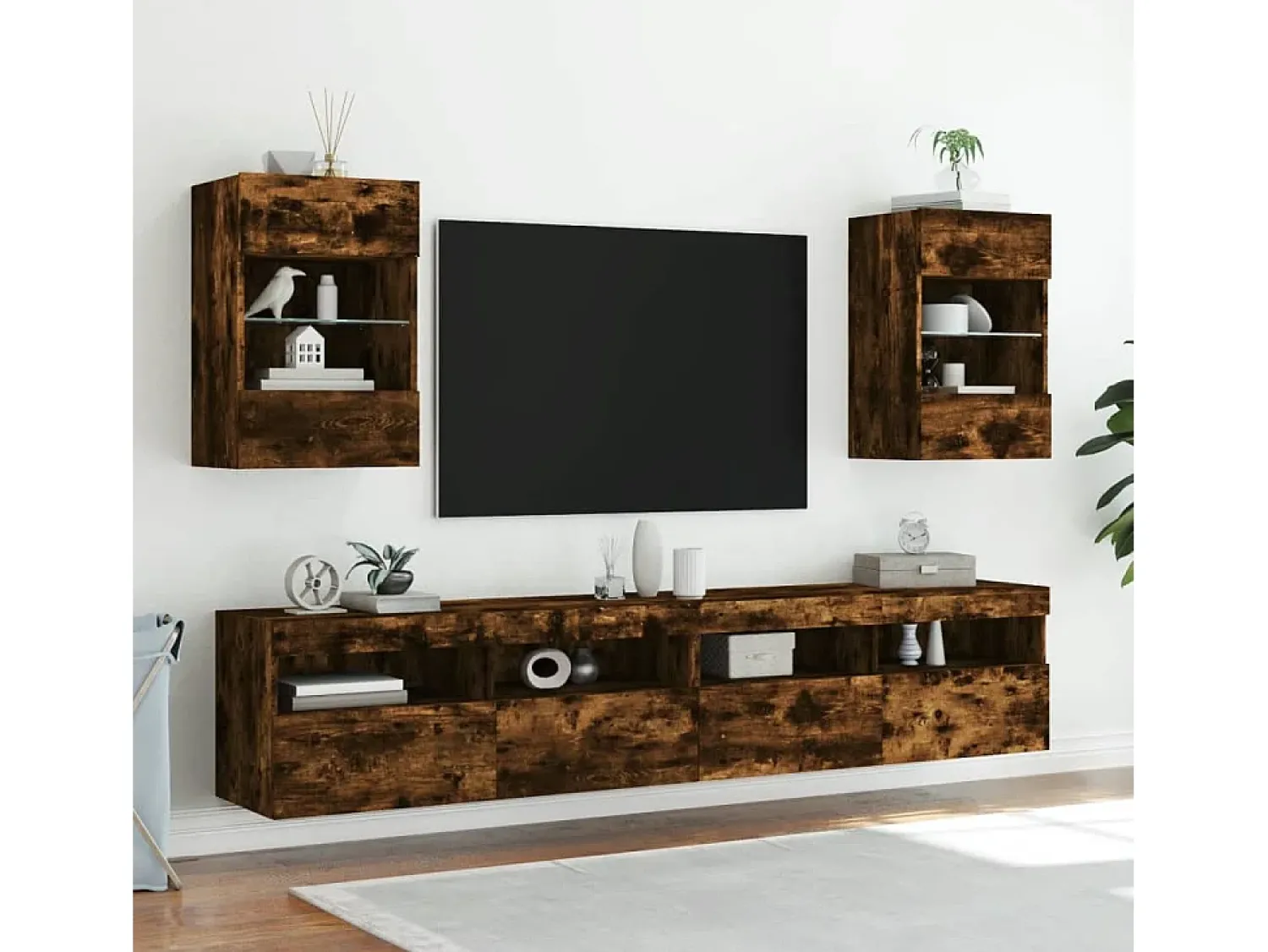 Móvel De Tv| Móveis de parede para TV com luzes LED 2 pcs carvalho fumado PT312858 Castanho