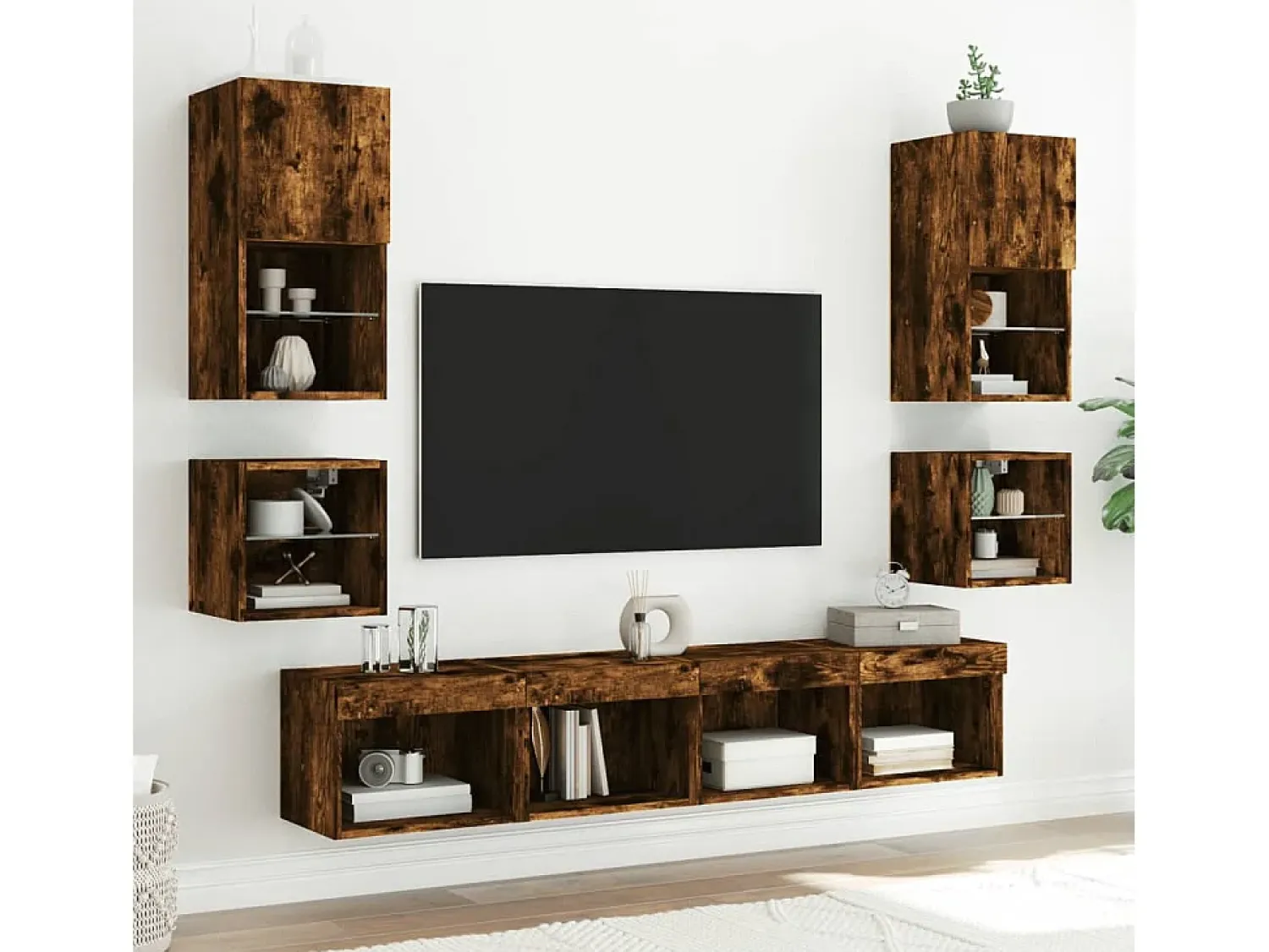 Móvel De Tv| Móveis de parede para TV com luzes LED 2 pcs carvalho fumado PT121107 Castanho