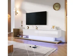 Móvel De Tv|Merax Móveis de TV com 2 gavetas e prateleiras de vidro - 170 x 36 x 38 cm - LEDs - Aglomerado - + natural Branco