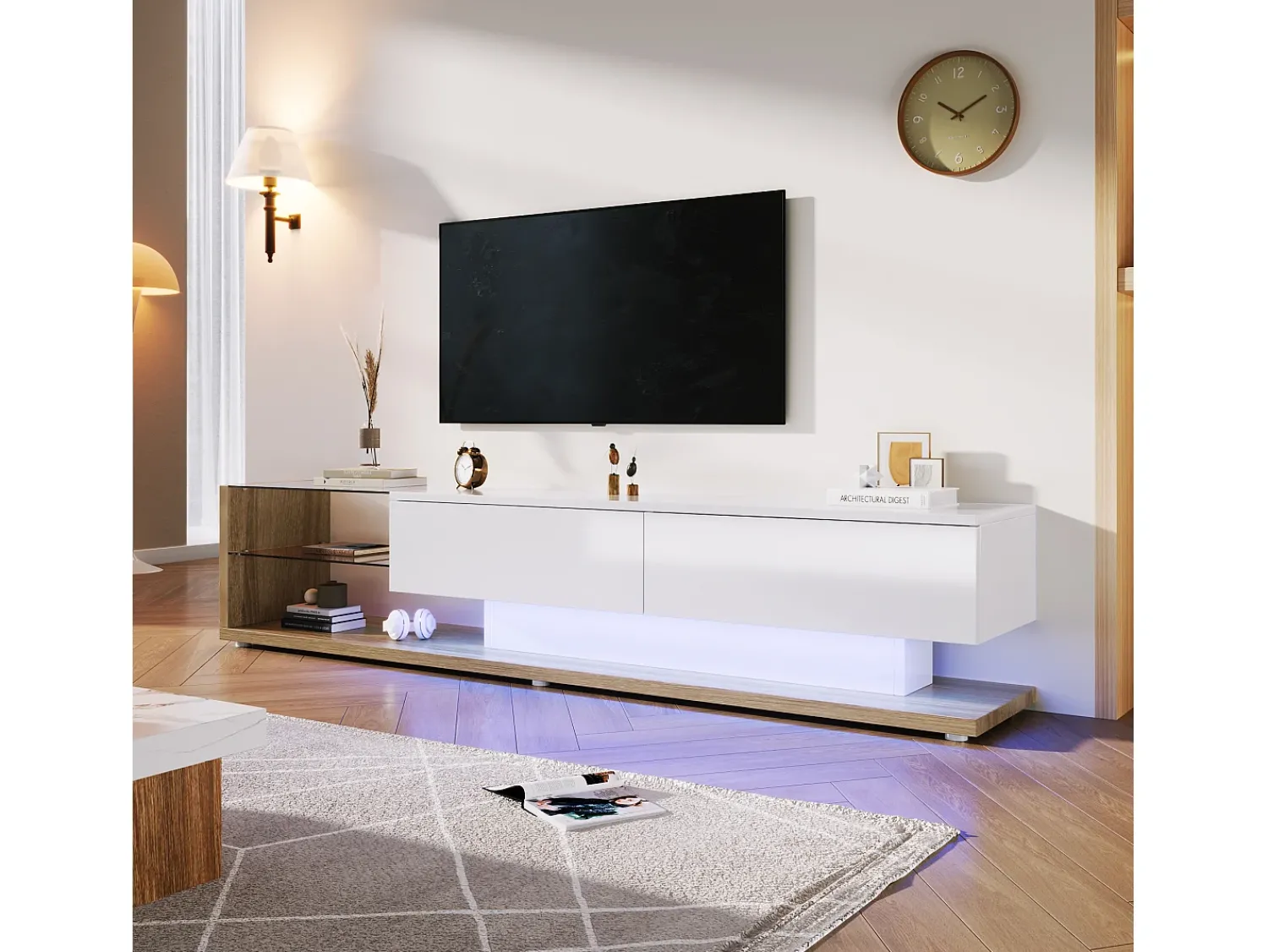 Móvel De Tv|Merax Móveis de TV com 2 gavetas e prateleiras de vidro - 170 x 36 x 38 cm - LEDs - Aglomerado - + natural Branco