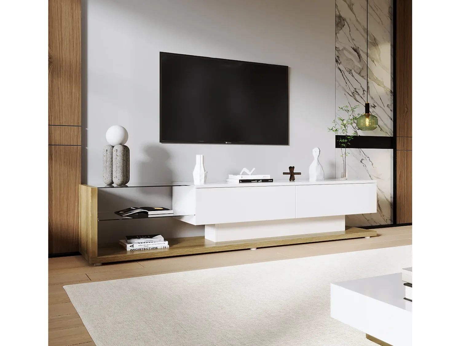 Móvel De Tv|Merax Móveis de TV com 2 gavetas e prateleiras de vidro - 170 x 36 x 38 cm - LEDs - Aglomerado - + natural Branco