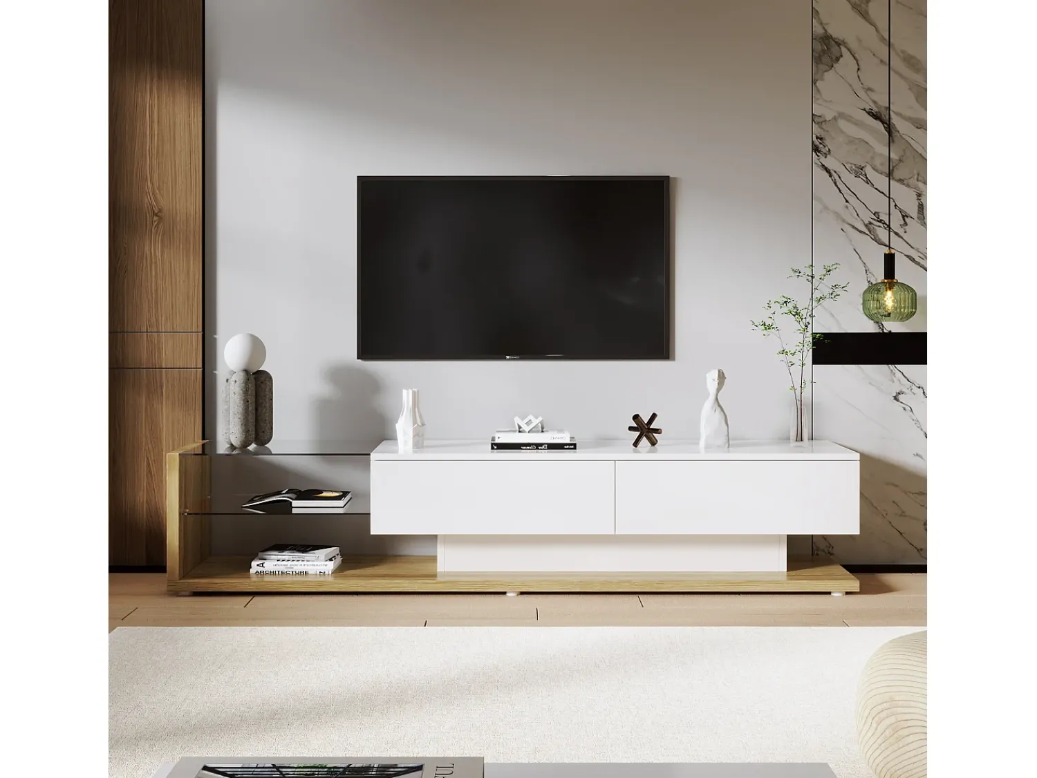 Móvel De Tv|Merax Móveis de TV com 2 gavetas e prateleiras de vidro - 170 x 36 x 38 cm - LEDs - Aglomerado - + natural Branco