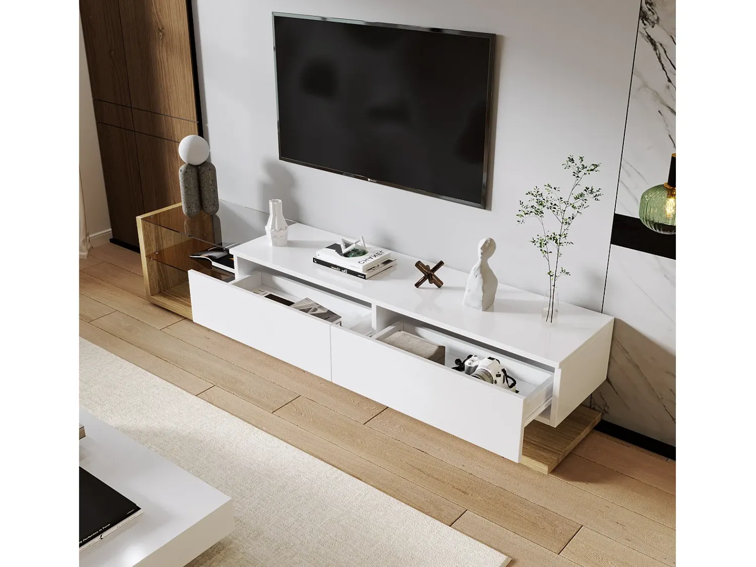 Móvel De Tv|Merax Móveis de TV com 2 gavetas e prateleiras de vidro - 170 x 36 x 38 cm - LEDs - Aglomerado - + natural Branco