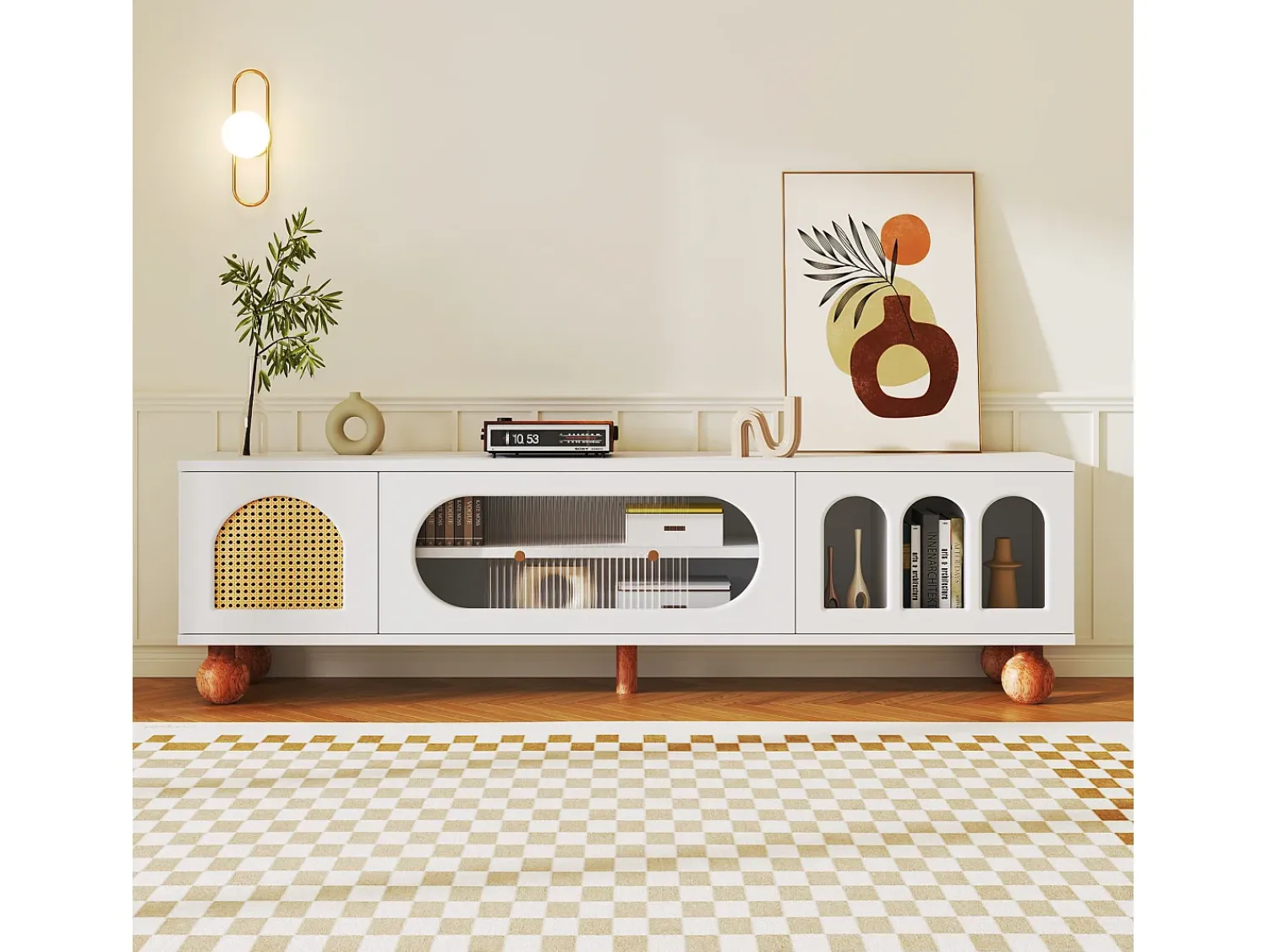 Móvel De Tv*Merax Móveis de TV com 4 portas de vime e vidro - 170 x 37 x 47 cm - aglomerado e pés de madeira maciça - Branco