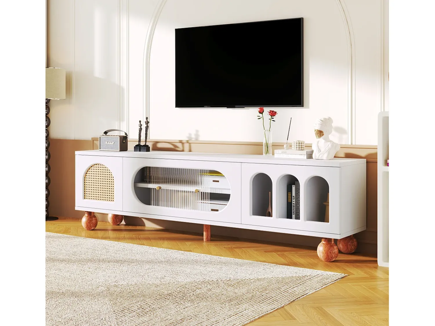 Móvel De Tv*Merax Móveis de TV com 4 portas de vime e vidro - 170 x 37 x 47 cm - aglomerado e pés de madeira maciça - Branco