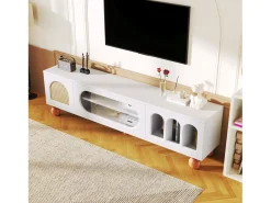 Móvel De Tv*Merax Móveis de TV com 4 portas de vime e vidro - 170 x 37 x 47 cm - aglomerado e pés de madeira maciça - Branco