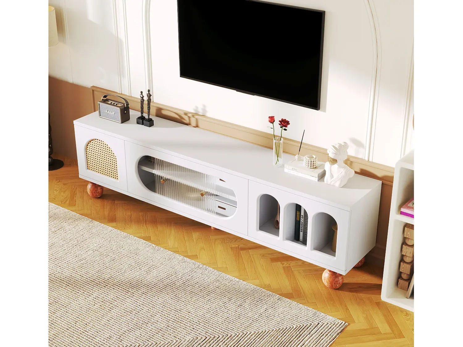 Móvel De Tv*Merax Móveis de TV com 4 portas de vime e vidro - 170 x 37 x 47 cm - aglomerado e pés de madeira maciça - Branco