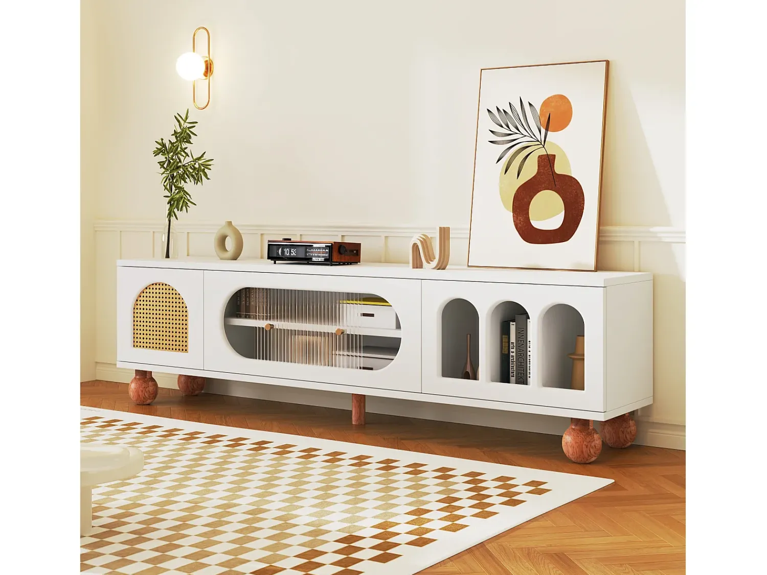 Móvel De Tv*Merax Móveis de TV com 4 portas de vime e vidro - 170 x 37 x 47 cm - aglomerado e pés de madeira maciça - Branco