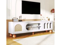 Móvel De Tv*Merax Móveis de TV com 4 portas de vime e vidro - 170 x 37 x 47 cm - aglomerado e pés de madeira maciça - Branco