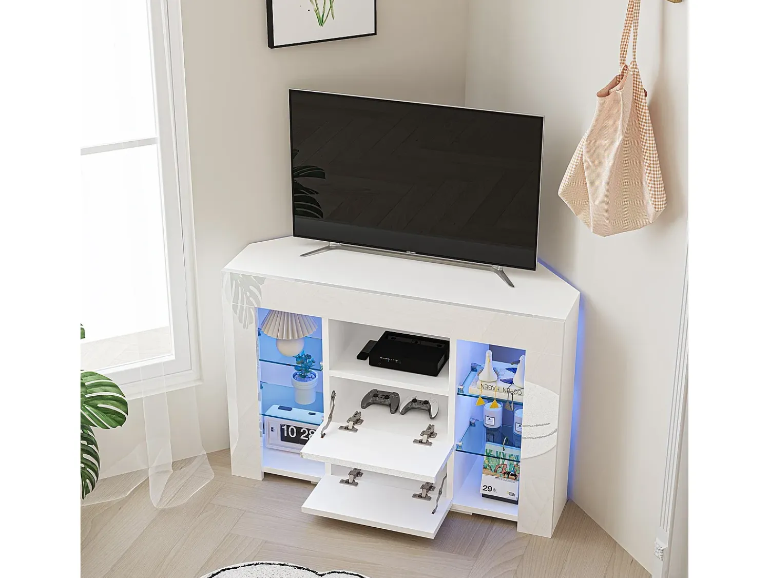 Outlet DripeX Móveis de TV de ângulo moderno com luz LED, bancada de TV branca moderna, 9 compartimentos, móveis de sala de estar 100x40x68cm Branco