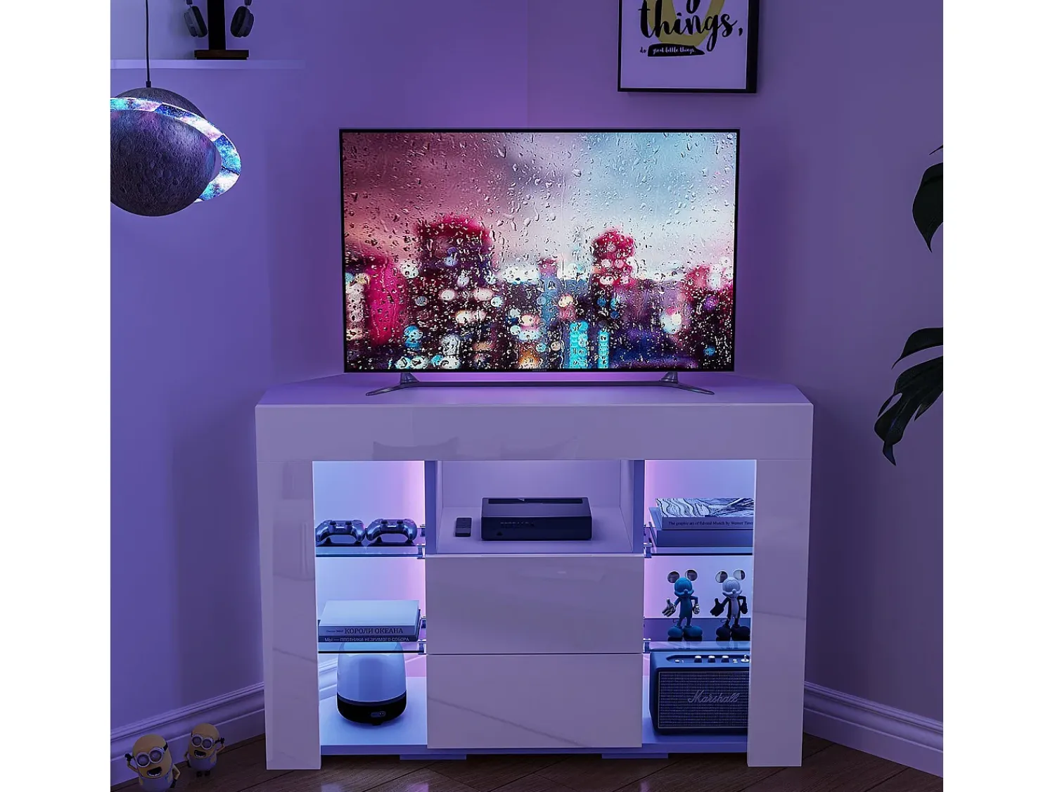 Outlet DripeX Móveis de TV de ângulo moderno com luz LED, bancada de TV branca moderna, 9 compartimentos, móveis de sala de estar 100x40x68cm Branco