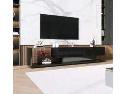 Hot Móveis de TV e aparadores baixos com acabamento brilhante, divisórias de vidro, iluminação LED e design rústico-moderno. Preto