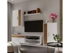 Móveis de TV para sala de estar e sala de jantar em estilo nórdico Kolm em carvalho e branco^ Móvel De Tv