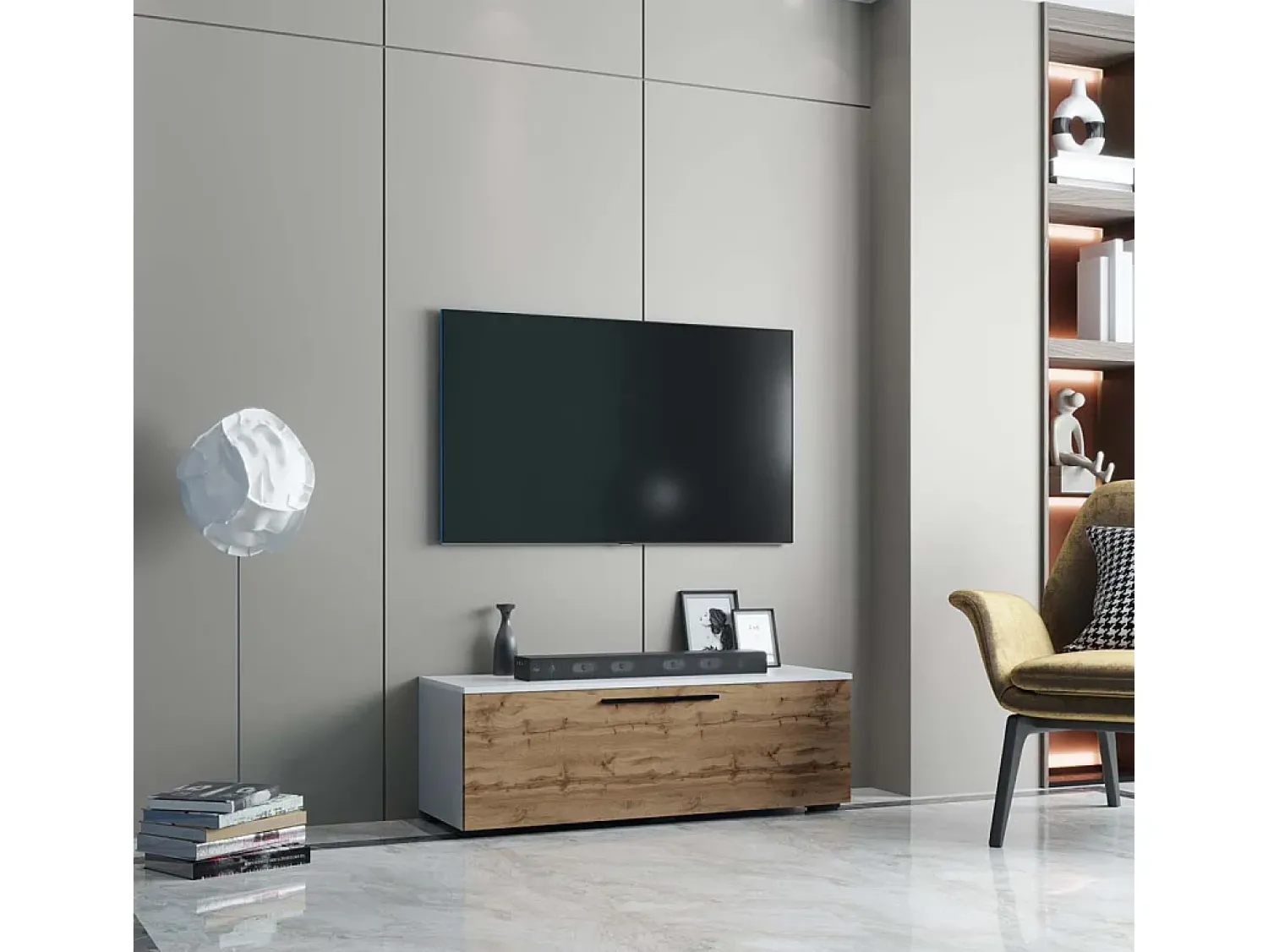 Discount VCM Móveis de TV | Lowboard | Armário de TV com porta dobrável larga | Dimensões A. 39 x L. 115 x P. 40 cm | Fernseh Furniture – Arila M (White / Honey Oak) Multicor