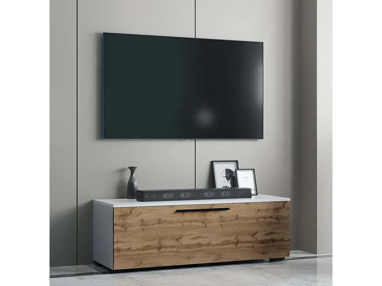 Discount VCM Móveis de TV | Lowboard | Armário de TV com porta dobrável larga | Dimensões A. 39 x L. 115 x P. 40 cm | Fernseh Furniture – Arila M (White / Honey Oak) Multicor