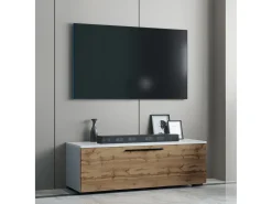 Discount VCM Móveis de TV | Lowboard | Armário de TV com porta dobrável larga | Dimensões A. 39 x L. 115 x P. 40 cm | Fernseh Furniture – Arila M (White / Honey Oak) Multicor