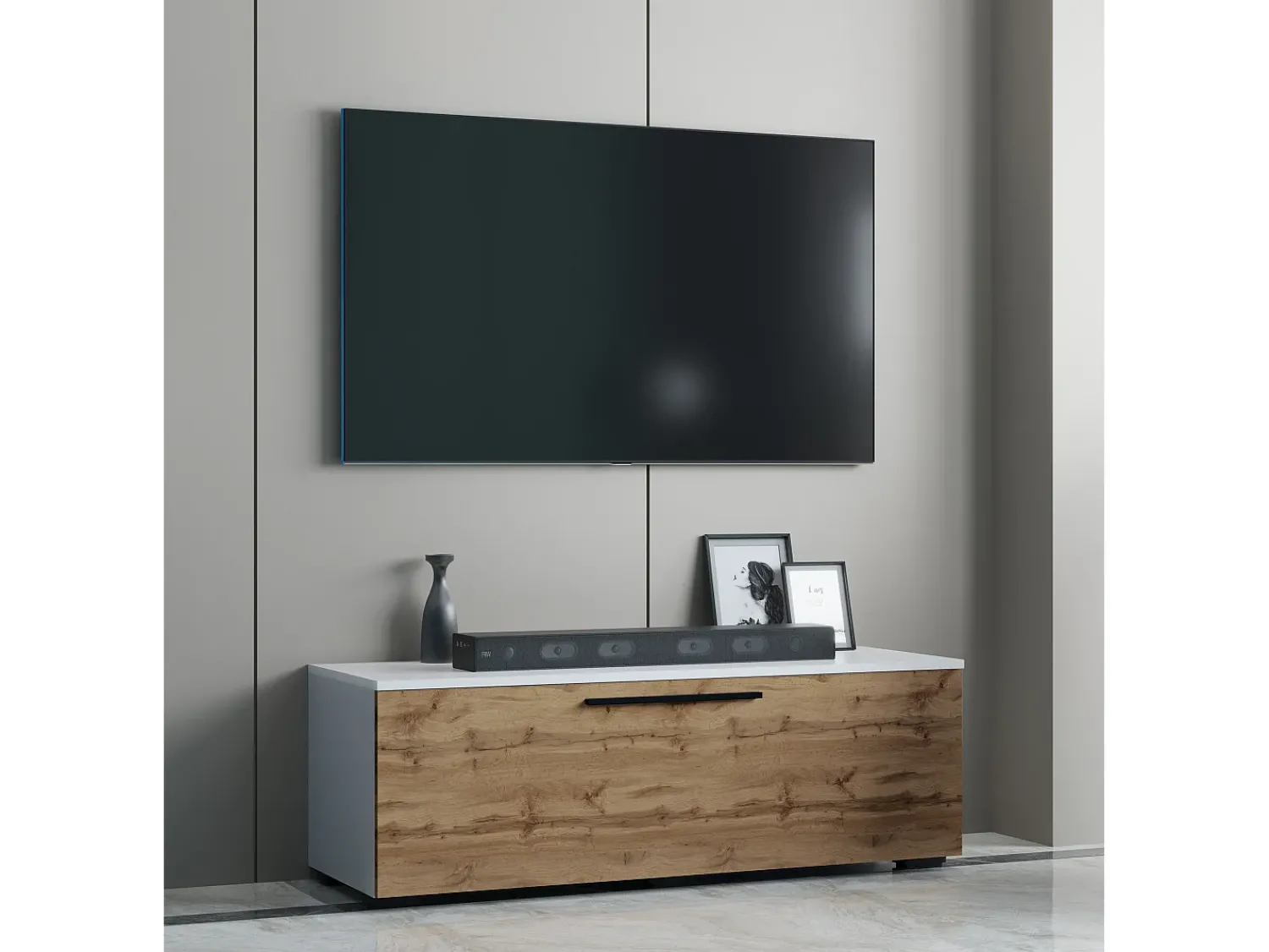 Discount VCM Móveis de TV | Lowboard | Armário de TV com porta dobrável larga | Dimensões A. 39 x L. 115 x P. 40 cm | Fernseh Furniture – Arila M (White / Honey Oak) Multicor