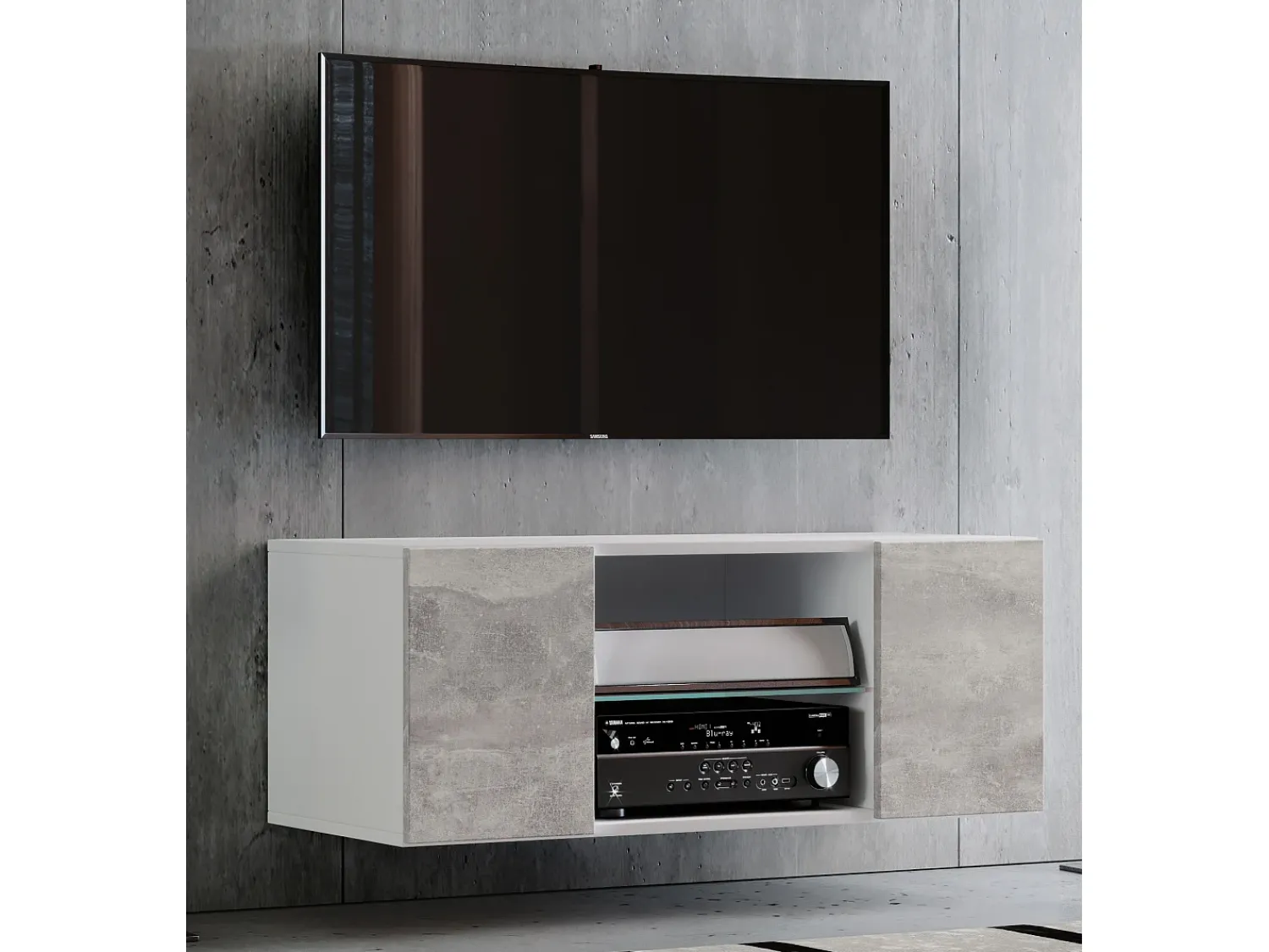 Outlet VCM Móveis de TV | Placa de parede | Pendura Lowboard | Dimensões A. 40 x L. 115 x P. 36 cm | Armário de parede - Jusa (Branco / Aparência em concreto) Multicor