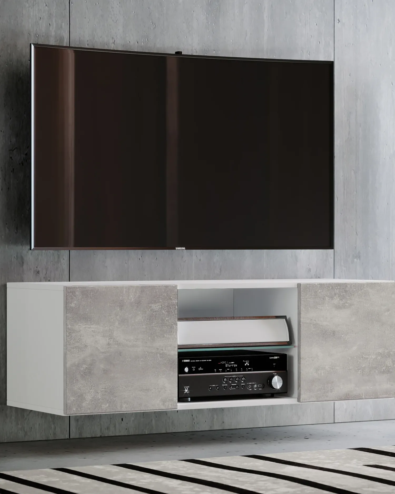 Outlet VCM Móveis de TV | Placa de parede | Pendura Lowboard | Dimensões A. 40 x L. 115 x P. 36 cm | Armário de parede - Jusa (Branco / Aparência em concreto) Multicor