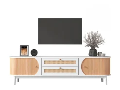 ModernLuxe Móveis TV 170cm em madeira maciça e rotin - 2 mesas e 2 portes - estilo campagnard - natural^ Móvel De Tv
