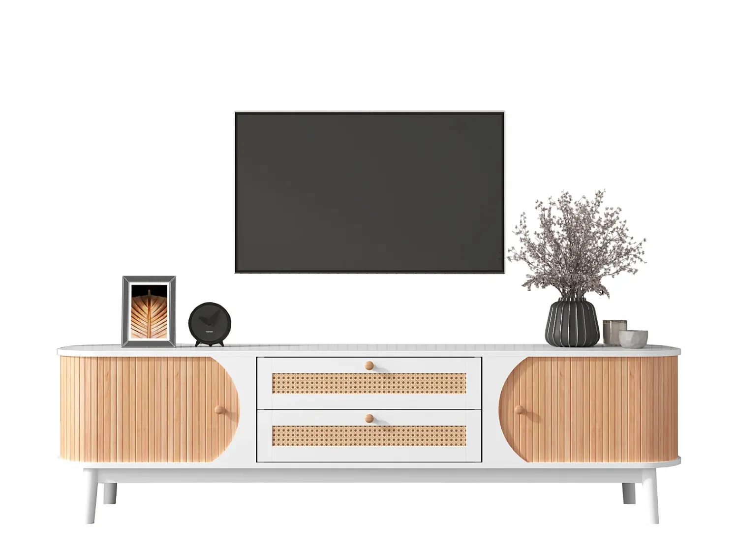 ModernLuxe Móveis TV 170cm em madeira maciça e rotin - 2 mesas e 2 portes - estilo campagnard - natural^ Móvel De Tv