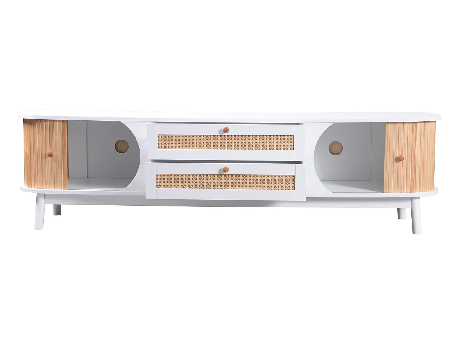 ModernLuxe Móveis TV 170cm em madeira maciça e rotin - 2 mesas e 2 portes - estilo campagnard - natural^ Móvel De Tv
