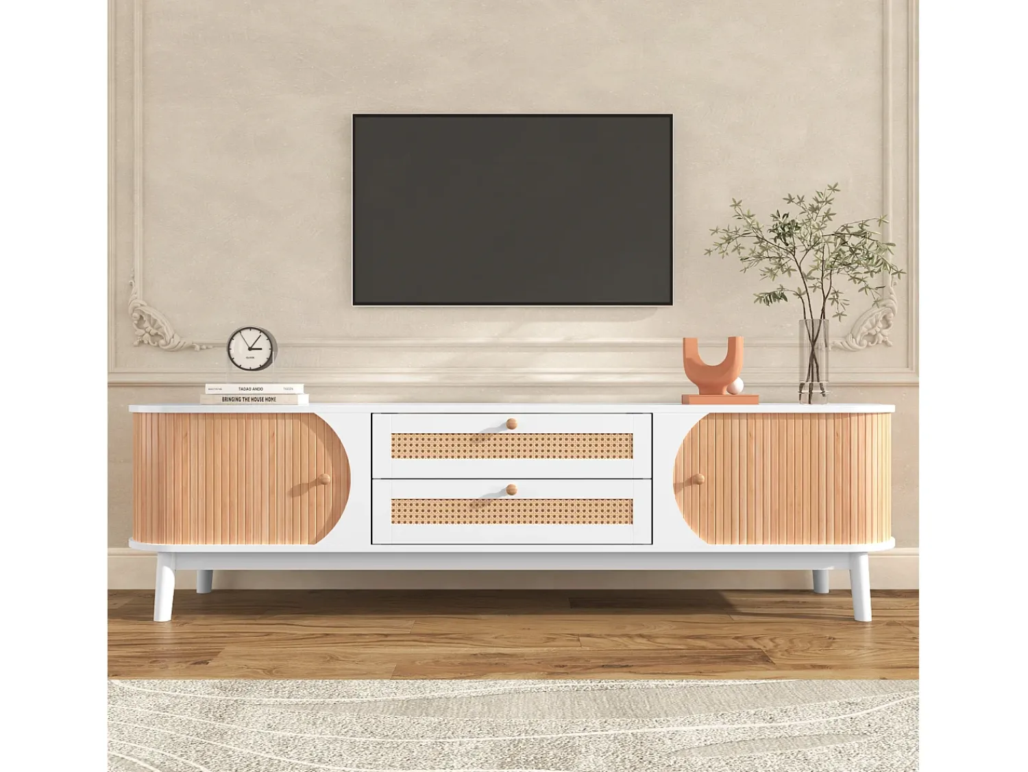 ModernLuxe Móveis TV 170cm em madeira maciça e rotin - 2 mesas e 2 portes - estilo campagnard - natural^ Móvel De Tv