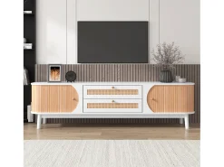 ModernLuxe Móveis TV 170cm em madeira maciça e rotin - 2 mesas e 2 portes - estilo campagnard - natural^ Móvel De Tv