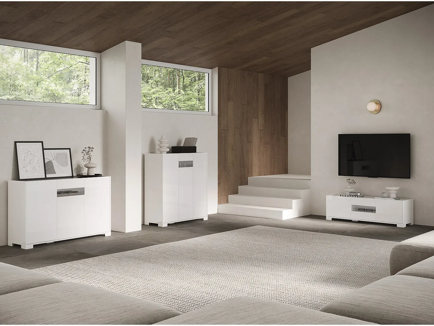 Móvel De Tv|ITAMOBY Móvel alto de sala 3 portas 100x35x110 cm Riflesso brilhante Branco