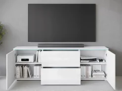 Online Móvel baixo de TV moderno 180 cm com LED – móvel alto para TV com gavetas e prateleiras, corpo fosco, frentes brilho Branco