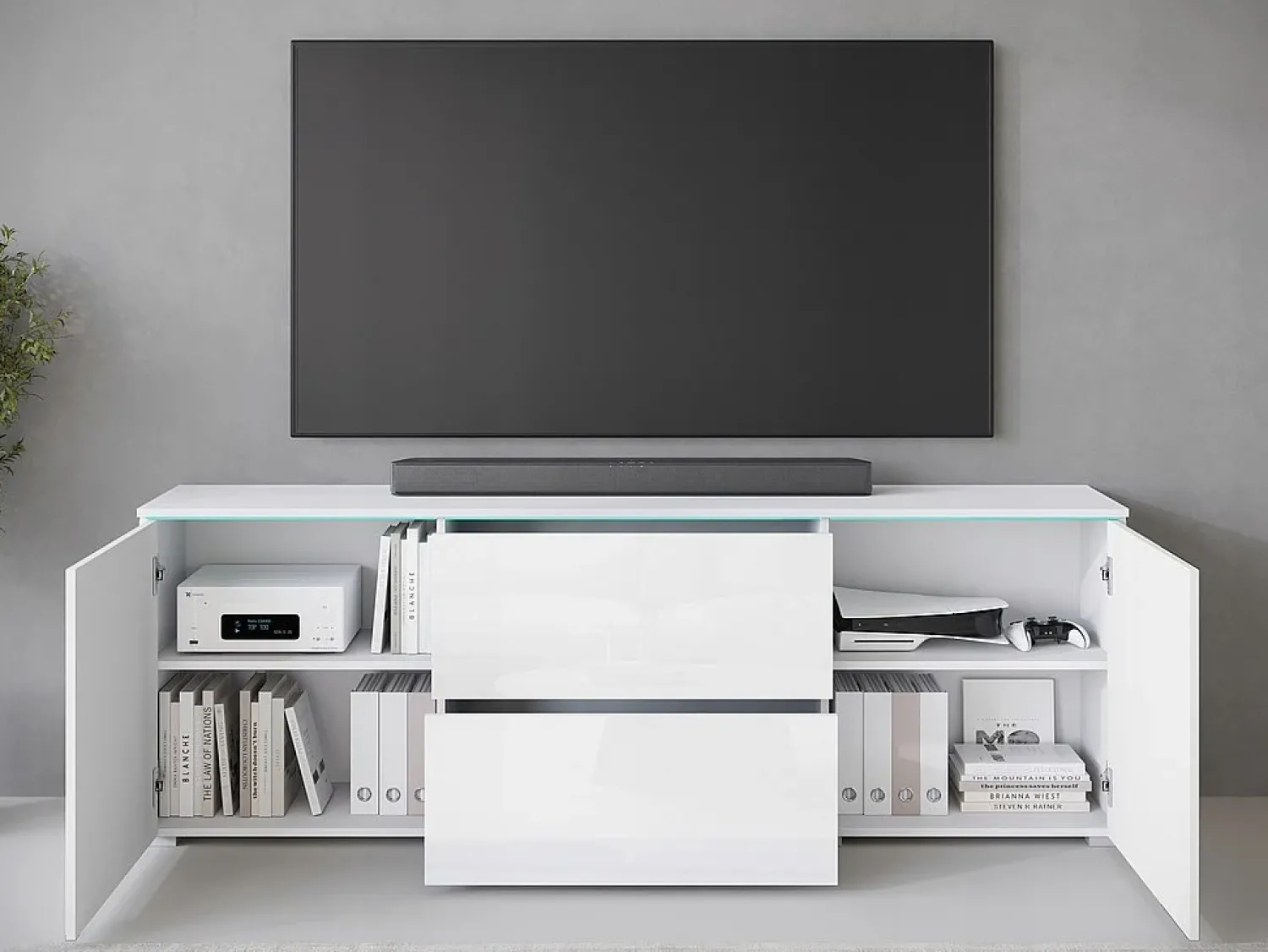Online Móvel baixo de TV moderno 180 cm com LED – móvel alto para TV com gavetas e prateleiras, corpo fosco, frentes brilho Branco