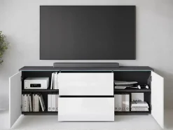 Móvel baixo de TV moderno 180 cm com LED – móvel alto para TV com gavetas e prateleiras, corpo antracite fosco, frentes branco brilho^ Móvel De Tv