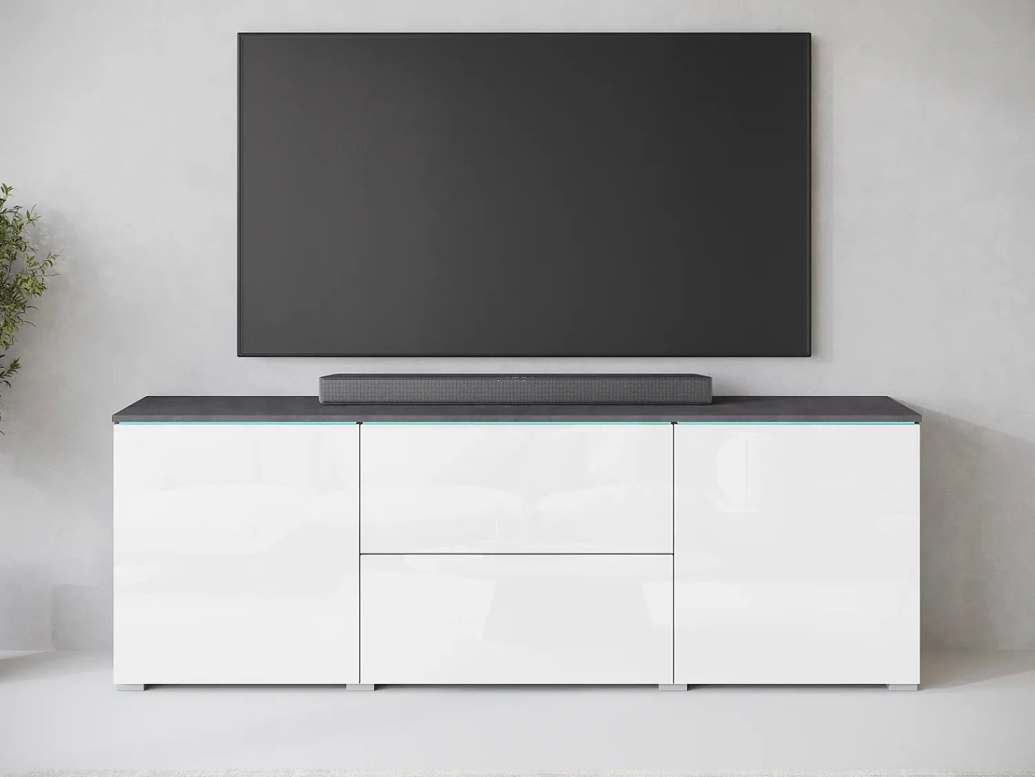Móvel baixo de TV moderno 180 cm com LED – móvel alto para TV com gavetas e prateleiras, corpo antracite fosco, frentes branco brilho^ Móvel De Tv