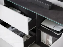 Móvel baixo de TV moderno 180 cm com LED – móvel alto para TV com gavetas e prateleiras, corpo antracite fosco, frentes branco brilho^ Móvel De Tv