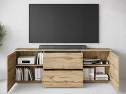 Móvel baixo de TV moderno 180 cm com LED – móvel alto fosco com gavetas e prateleiras, carvalho wotan^ Móvel De Tv