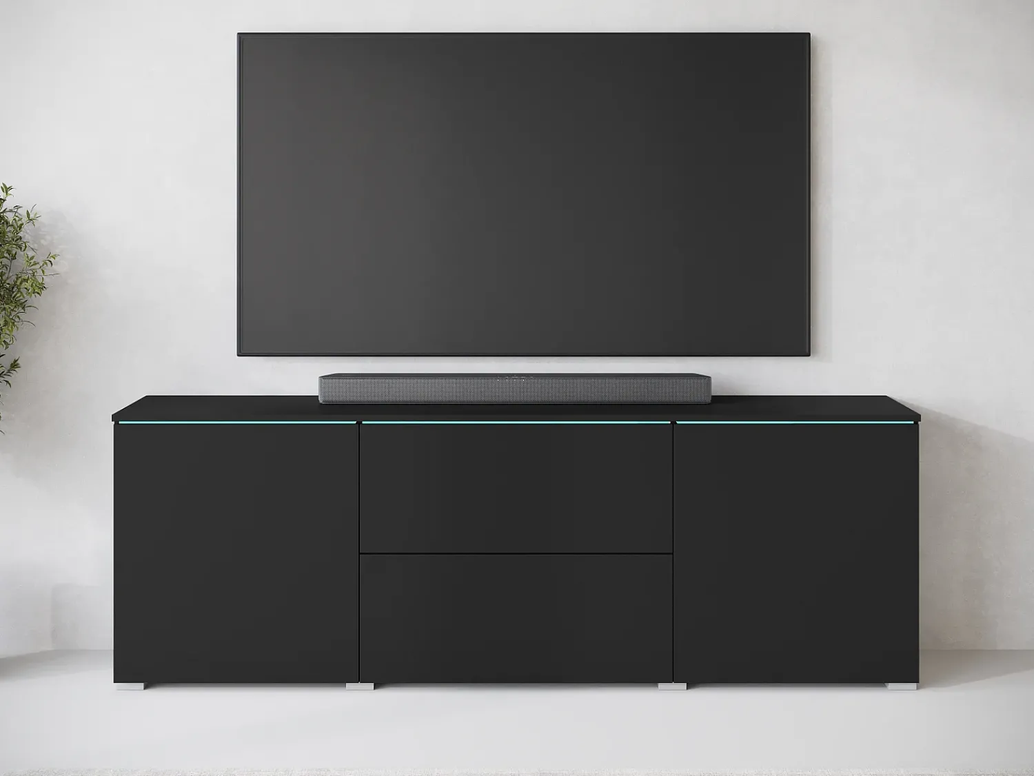 Sale Móvel baixo de TV moderno 180 cm com LED – móvel alto fosco com gavetas e prateleiras, fosco Preto