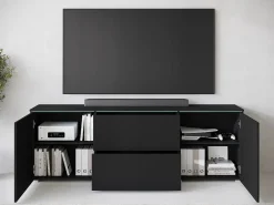 Sale Móvel baixo de TV moderno 180 cm com LED – móvel alto fosco com gavetas e prateleiras, fosco Preto