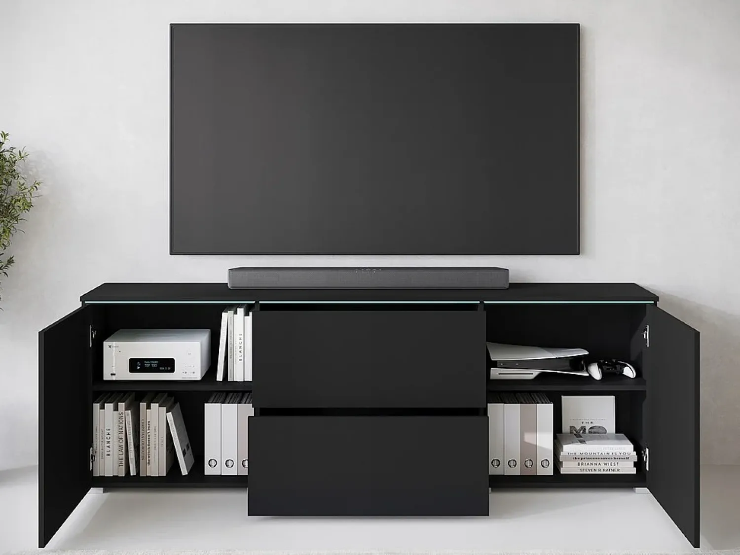 Sale Móvel baixo de TV moderno 180 cm com LED – móvel alto fosco com gavetas e prateleiras, fosco Preto