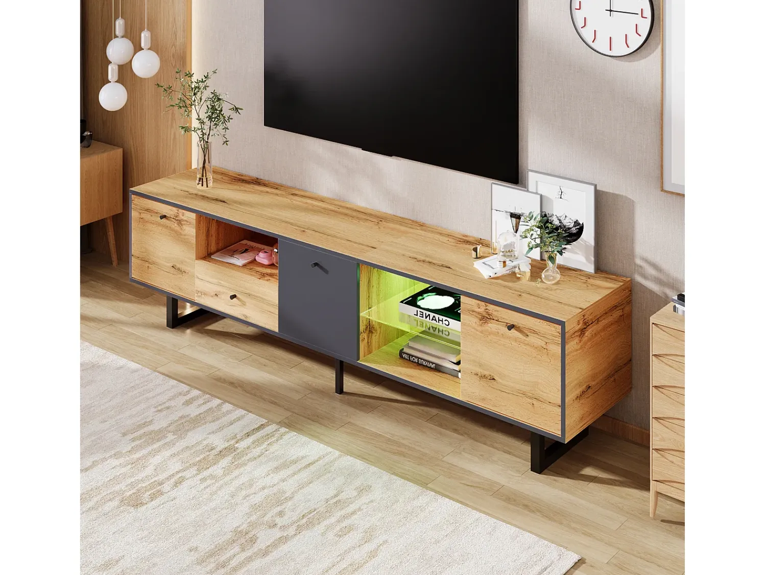 Móvel De Tv* Móvel baixo, móvel de TV para sala com efeito de luz LED, divisória em vidro, dobradiça de proteção, design com cores a condizer Natural claro