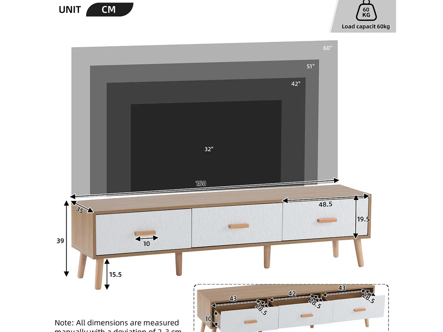 Clearance Móvel baixo para TV, 150 × 35 × 39 cm, estilo vintage, madeira clara, portas brancas, para sala de estar ou quarto. Natural claro