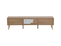 Clearance Móvel baixo para TV, 150 × 35 × 39 cm, estilo vintage, madeira clara, portas brancas, para sala de estar ou quarto. Natural claro